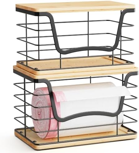 ALOCEO 2 Pack Large Trash Bag Holder for 13/30/33 Gallon Bags, Potato and Onion Storage Baskets with Bamboo Lid, Stainle