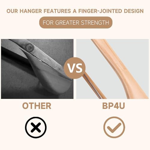 Wide Shoulder Wooden Hangers with Locking Bar, Natural Wood, 6-Pack