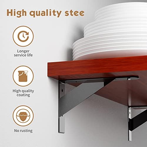 4 Pack L16 x H 10" Heavy Duty Shelf Brackets with Screws Wall Shelves Brackets with 90 Degree Triangle, Black Metal Shel