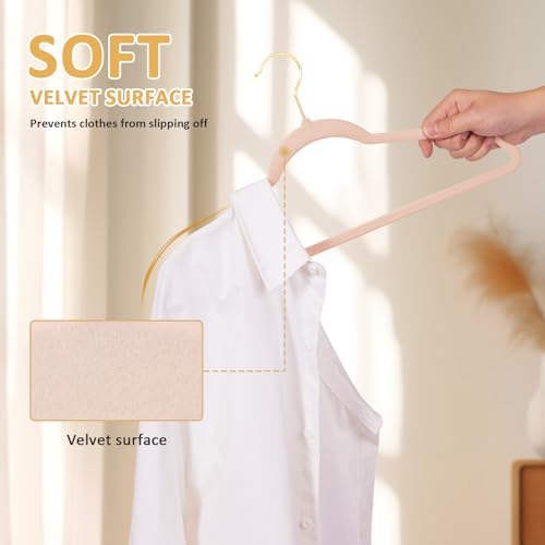 Premium Velvet Hangers 60 Pack, Non Slip Flocked Felt Hangers, Heavy Duty Coat Hangers, Slim Space Saving Clothes Hangers with 360° Swivel Gold Hooks for Coats, Suits, Dresses - Pink
