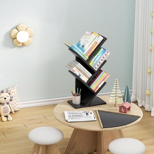 Hoctieon 4 Tier Tree Bookshelf, 4 Shelf Bookcase, Free Standing Tree Bookcase, Display Floor Standing Shelf for Books, B