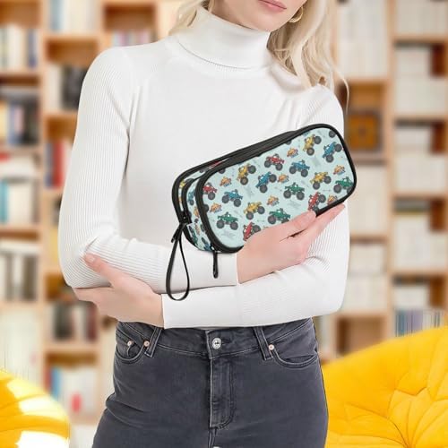 Wfrish Cartoon Monster Trucks Blue Large Capacity Pencil Case, 3 Compartments Pen Pouch Organizer for School College Office, Zippers Big Pencil Bag for Teens Adults Girls Boys Makeup