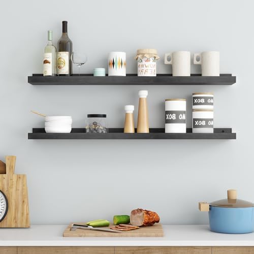 FLYJOE Picture Ledge Shelf Wall, 36 inch Solid Ash Wood Nursery Book Shelves 2 Packs, Floating Ledge Shelves for Kids' Room Bedroom Bathroom Living Room Photo Frames Office Nursey Wall Decor, Black