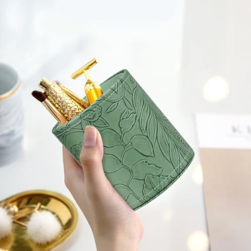 Round Leather Pen Holder for Desk, Desktop Organizer, (Carved Green)