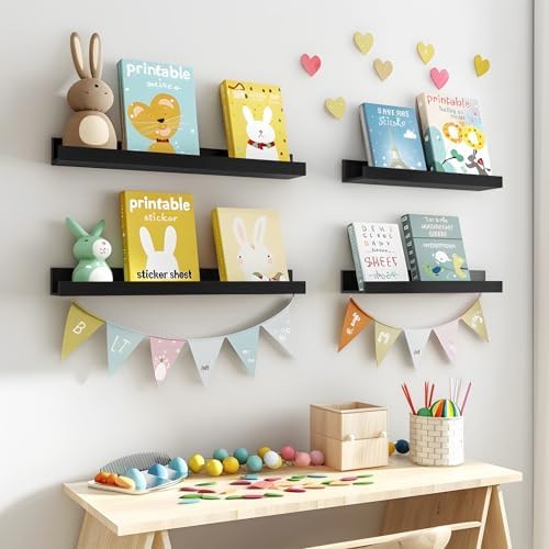 LaVie Home 23.6-Inch Black Floating Shelves for Wall Storage Set of 4 - Modern Minimalist Picture Ledge Shelf Wall Decor for Kitchen, Bedroom, Bathroom, and Living Room