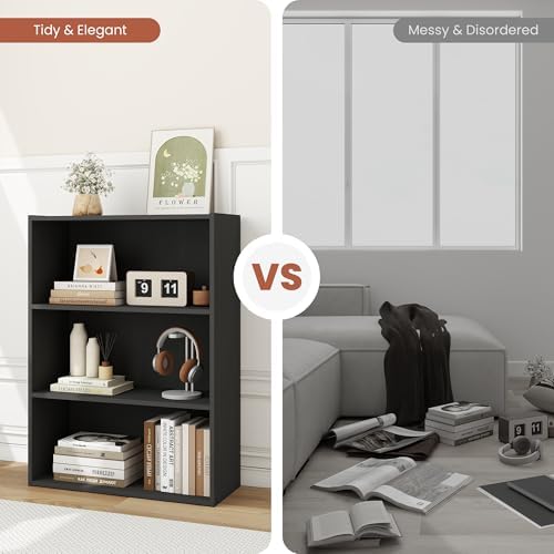 3 Tier Engineered Wood Modern Bookshelf, Wide Bookshelf with Three Wooden Shelves, Storage Book Shelves for Bedroom, Liv