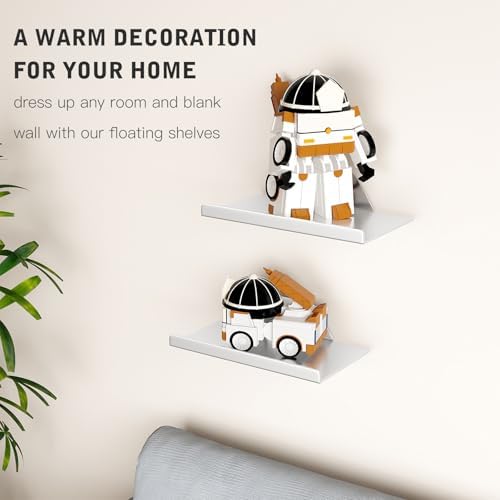 Floating Shelves for Wall, Off Center Metal Shelves for Living Room, Silver Floating Shelves for Wall Decor, 8” Hanging