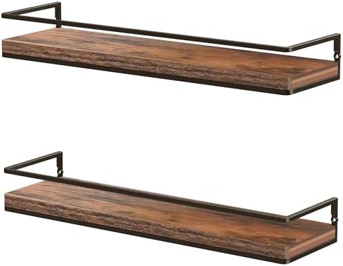 Meangood Floating Shelves Wall Mounted Set of 2, Rustic Wood Wall Storage Shelves for Bedroom,Living Room,Bathroom, Kitc