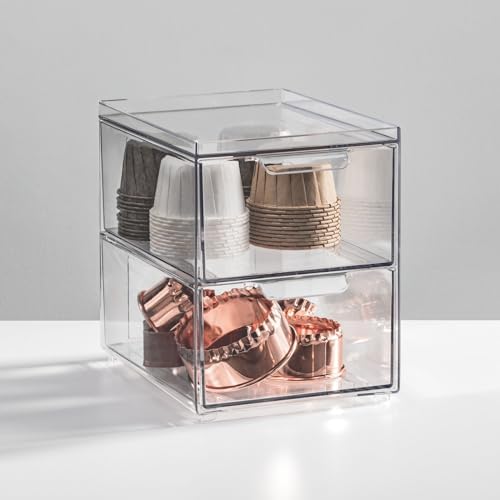 mDesign Stackable Storage Containers Box with 2 Pull-Out Drawers - Stacking Plastic Drawer Bins for Kitchen Pantry and C
