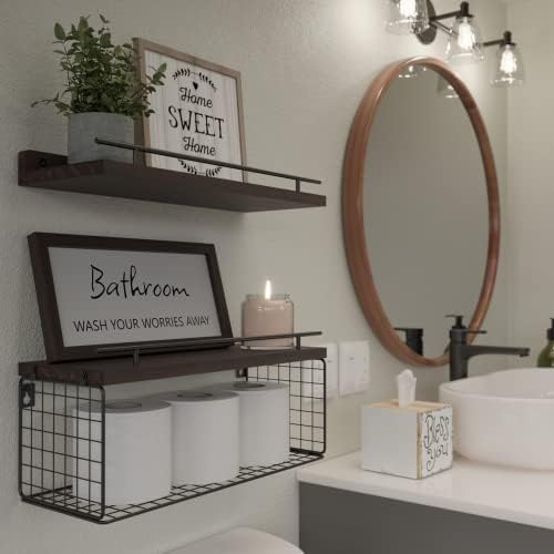 WOPITUES Floating Shelves for Bathroom Decor Art, Rustic Brown