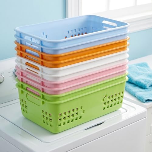 Jucoan 10 Pack Plastic Storage Baskets, 10.5 x 7 x 3.5 Inch Colorful Classroom Storage Organizer Baskets Trays with Grip Handles for Desktop, Drawer, Kitchen, Bathroom, School Supplies, 5 Colors