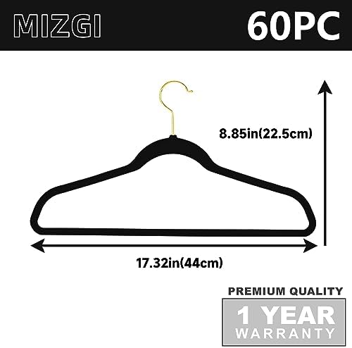 MIZGI Black Velvet Hangers, Premium Gold Finish, Non-Slip Felt, Heavy Duty, Durable Suit Hangers, Space Saving - 60 Pack