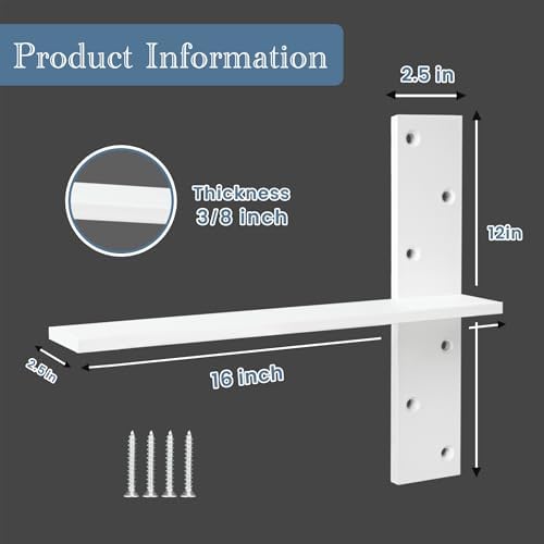 Free Hanging Countertop Support Bracket 16" Lx2.5 W 2 Pack White Heavy Duty Hidden Floating Wall Shelf Bracket 3/8" Thic
