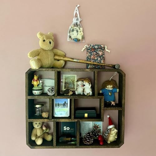 Frcctre Rustic Shadow Box Display Shelf, 9 Compartments Wood Hanging Display Floating Shelves, Multi-Slot Wall Mounted o