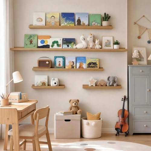 24inch Long Floating Shelves for Wall Decor, 5-Set Shelves with Lip, Brown