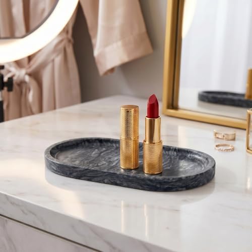 YKAJO Wave Grey Oval Marble Tray, 9.8x4.7 Vanity Perfume Organizer Dish