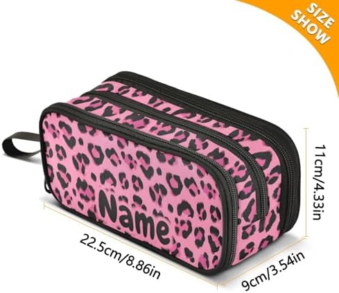 Custom Hot Pink Black Leopard Print Pencil Case Box Boys Girls Personalized Name Large Pencil Pouch Stationery Pen Bag Organizer for Kids Adults School Office