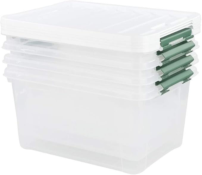 Gloreen 35 Quart Clear Storage Bins with Lid and Handle, Multipurpose Stackable Plastic Storage Latches Box/Containers,set of 4