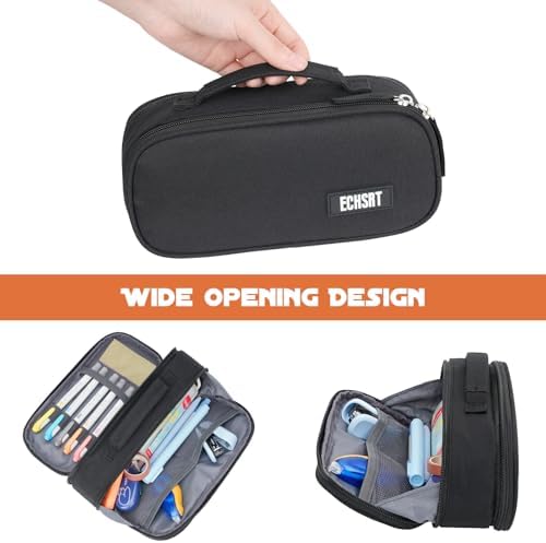 ECHSRT Large Tactical Pencil Case, 3-Compartment Pen Pouch Organizer, Black