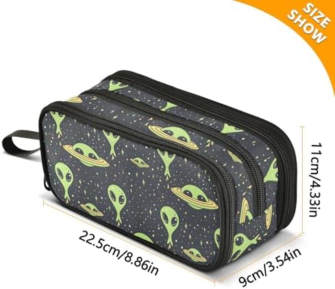 Green Aliens Space Pencil Case Box Boys Girls Large Pencil Pouch Zipper Compartments Big Capacity Stationery Pen Bag Organizer for Kids Teens Adults School Office