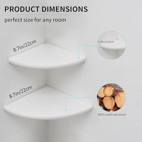Corner Shelves, Floating Corner Shelf, Set of 2 White Solid Oak Wood Wall Shelves, Round End Wall Mount with Wire Hole S