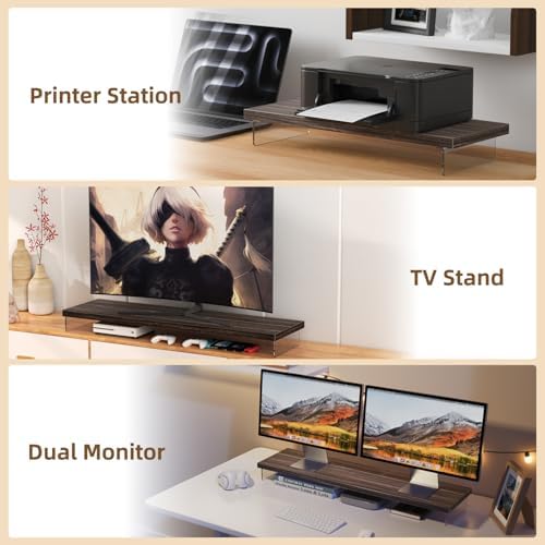 Dual Monitor Stand Riser, 40x10 in Wood & Acrylic Desktop Organizer Shelf