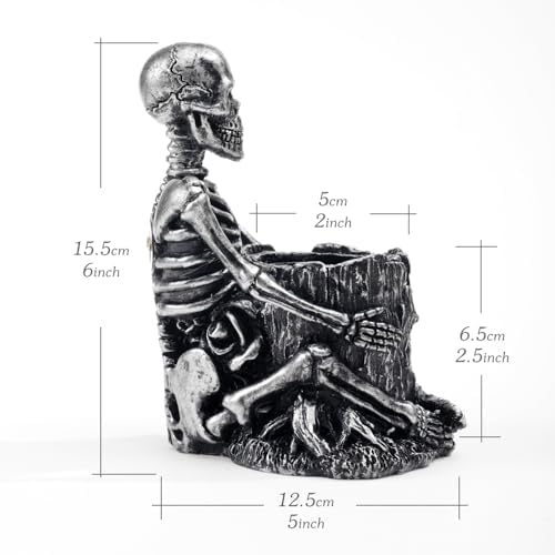 Arola Skull Pen Pencil Holder Skeleton Key Holder Makeup Brush Holder Home Office Desk Supplies Organizer Accessory(Silver-Plated)