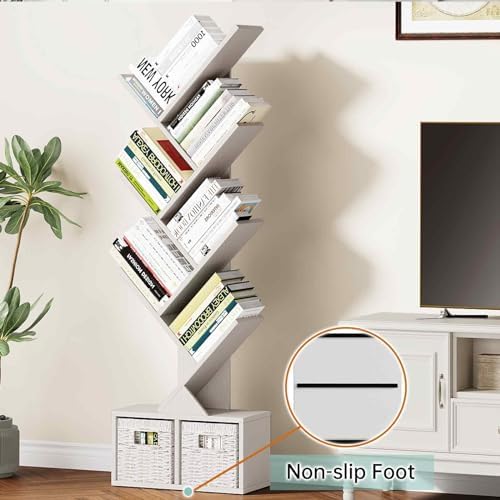 Vagusicc 6 Tier Tree Bookshelf with 2 Storage Cabinets, Tall Display Shelf Organizer for Books, Magazines, Home Decor, N