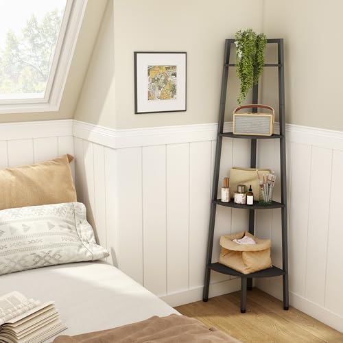 Hoctieon Corner Shelf, 4-Tier Corner Bookshelf, Rustic Ladder Shelf, Industrial Display Stand for Living Room, Kitchen,