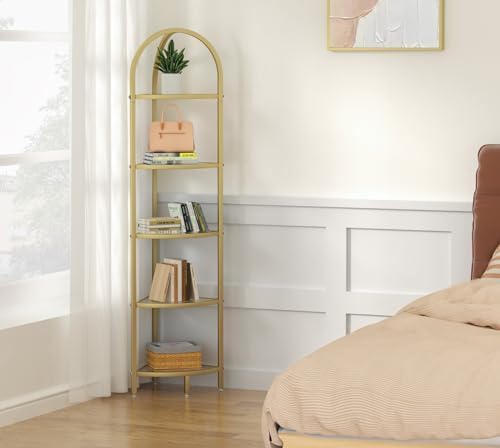 Homhedy 5-Tier Gold Corner Shelf Stand, Metal Corner Bookshelf