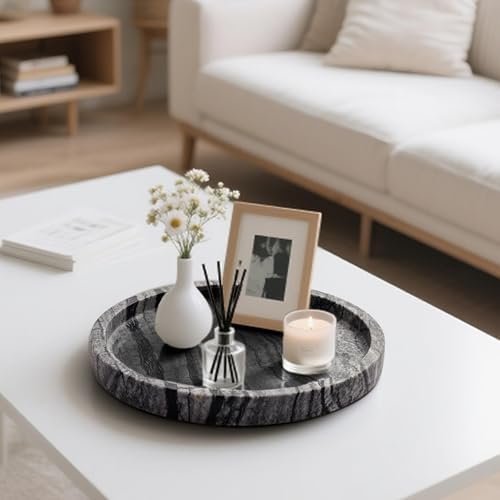 Natural Marble Vanity Tray for Bathroom Bedroom Kitchen Dresser, Round Decorative Trays for Jewelry, Perfume, Cosmetic,