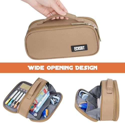 ECHSRT Large Tactical Pencil Case, 3-Compartment Pen Pouch Organizer, Khaki