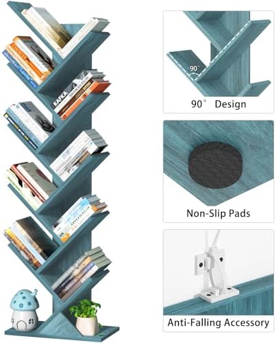 10 Tier Tree Book Shelf, Floor Standing Wood Bookshelf for Narrow Space