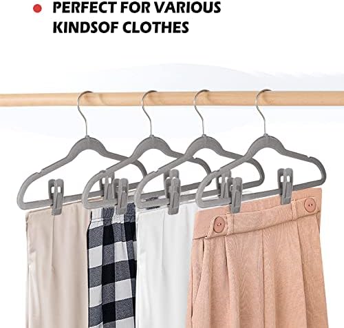 Tinfol Gray Velvet Hanger Clips 24 Pack, Non-Slip Flocked Clips for Pants, Skirts, Suits - Strong Finger Clips with Large Opening, Perfect for Slim-Line Velvet Hangers