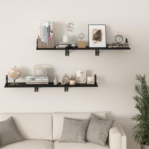 Black Deep Floating Shelves for Wall, 16" W x 12" D Wood Shelf Set of 2, Bookshelf Wall Mounted Hanging Shelves for Livi