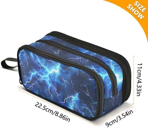 Blue Electric Lightning Pencil Case Box Boys Girls Large Pencil Pouch Zipper Compartments Big Capacity Stationery Pen Bag Organizer for Kids Teens Adults School Office
