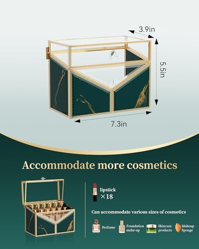 CoralHouse Glass Lipstick Organizer with Lid, 18-Slot Vanity Holder, Green
