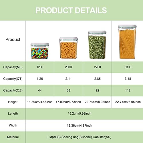 Airtight Food Storage Containers Set of 4 with One-Press Seal Lids – BPA-Free Kitchen Canisters for Pantry Organization – Stackable, Leakproof, Clear Plastic Bins with Labels & Marker