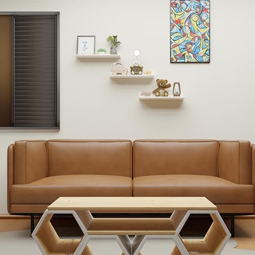 Giftgarden 16 Inch White Floating Shelves with Gold Metal Guardrail, Wood Shelves for Wall Storage Set of 3, Wall Shelf