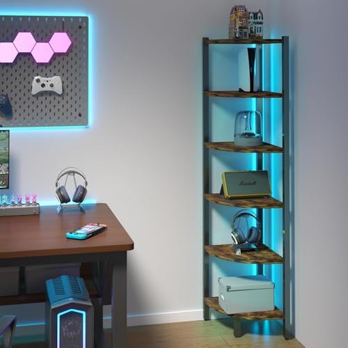 Corner Shelf with LED Lights, 6-Tier Corner Bookshelf, 66'' Organizer Book Shelf Shelves Steel Frame Display Stand with