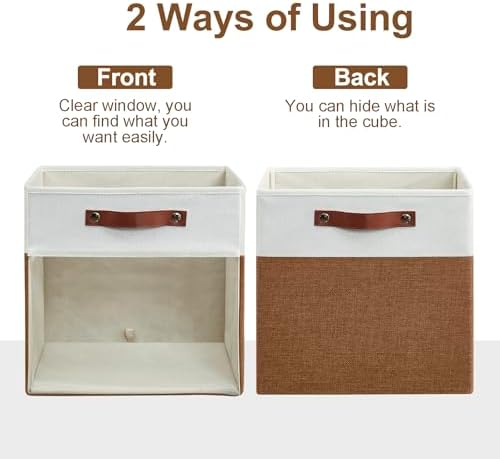 Bagnizer Storage Cubes, 4 Pack Linen Foldable Storage Bins (13 x 13 inch) with Clear Window and Handles, Fabric Organizer for Shelf Closet, Clothes, Books - (Brown and White)