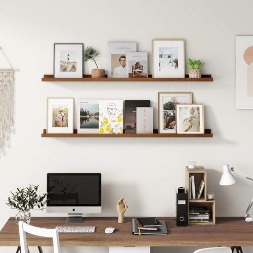 FLYJOE Picture Ledge Shelf, Floating Shelves Set of 2, Solid Pine Wood 55'' Long Large Nursery Book Shelves for Toys Storage, Kids Bookshelf for Living Room Bedroom Decor Books Photo Frames, Walnut