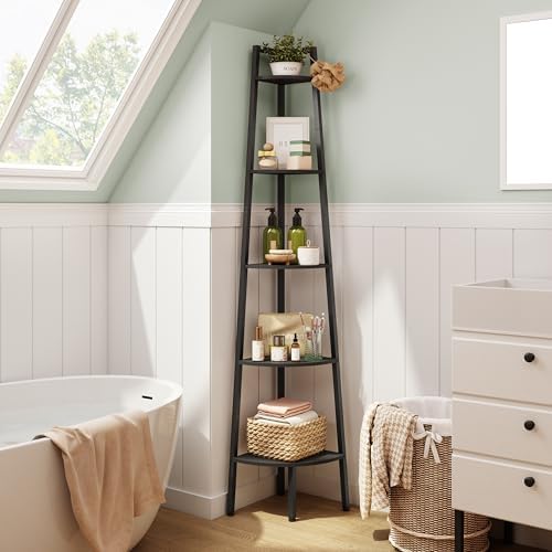 Hoctieon Corner Shelf, 5-Tier Corner Bookshelf, Rustic Ladder Shelf, Industrial Display Stand for Living Room, Kitchen,
