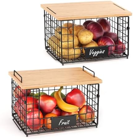 2 Pack Stackable Wire Baskets with Bamboo Top,Pantry Organizers Counter