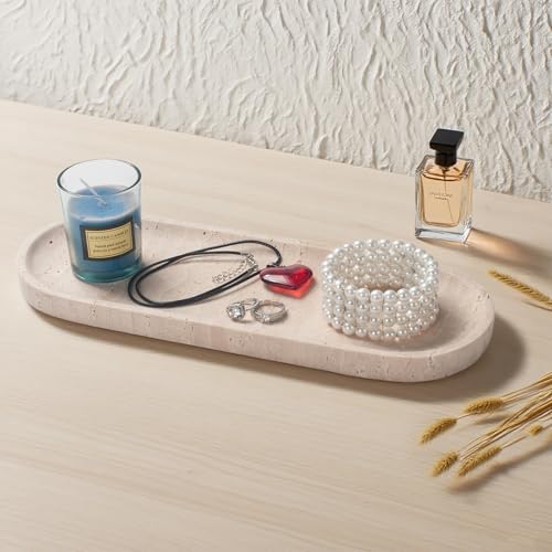 Oval Travertine Stone Tray for Jewelry, Candles, Perfume, Decorative Marble Bathroom Tray for Countertop Organizer 11.8i