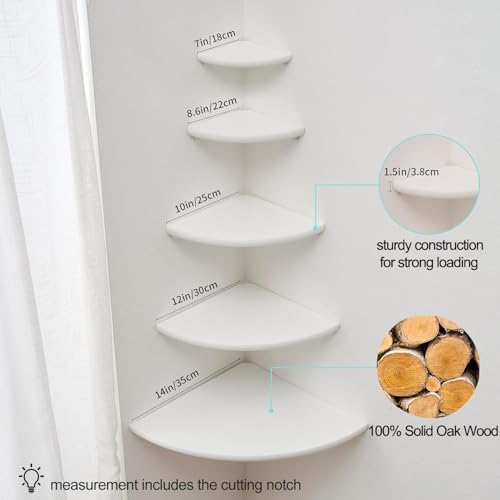 Corner Shelf, White Solid Oak Wood Floating Corner Shelf Wall Mount Round End Floating Speaker Shelf Display Shelf for S