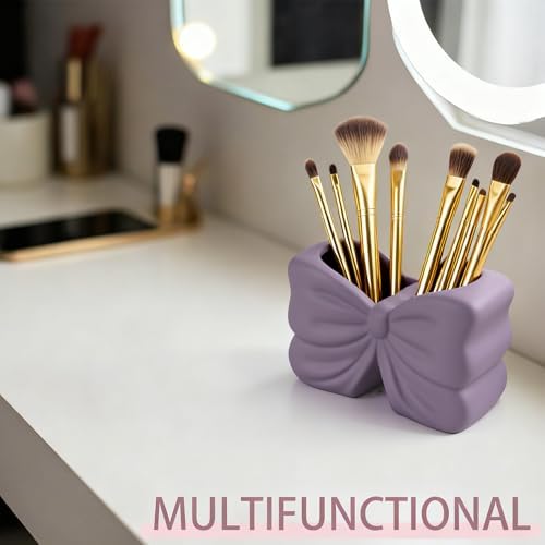 Puple Bow Ceramic Pencil Holder for Desk, Cute Office Decor