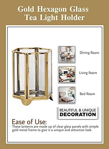Serene Spaces Living Gold Hexagon Glass Tea Light Holder, Small Size, Measures 4 inches Tall