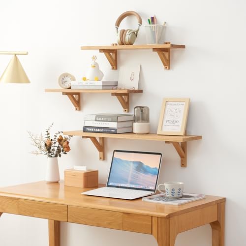 Floating Shelves Oak 24 inches Natural Wood Wall Shelf Wall Mounted Rustic Floating Shelf with Brackets for Bedroom Livi