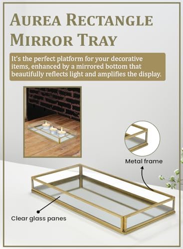 Serene Spaces Living 10" Aurea Mirror Tray, Gold Rectangle Glass Tray - Elegant Decorative Centerpiece for Home, Parties